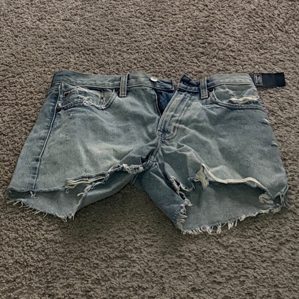 Abercrombie & Fitch Light-Washed Distressed Mid Rise Boyfriend Denim Shorts